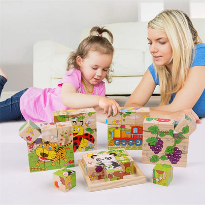 Baby Wooden Blocks Toys Children Six Side Cube Jigsaw Puzzle