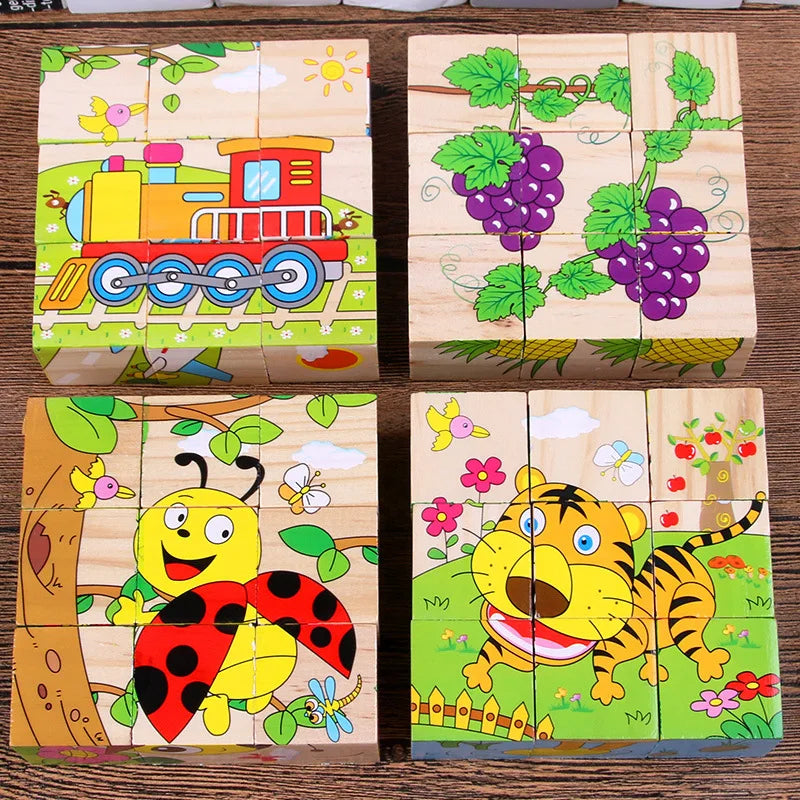 Baby Wooden Blocks Toys Children Six Side Cube Jigsaw Puzzle