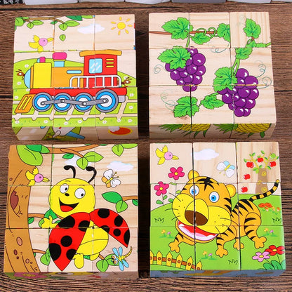Baby Wooden Blocks Toys Children Six Side Cube Jigsaw Puzzle