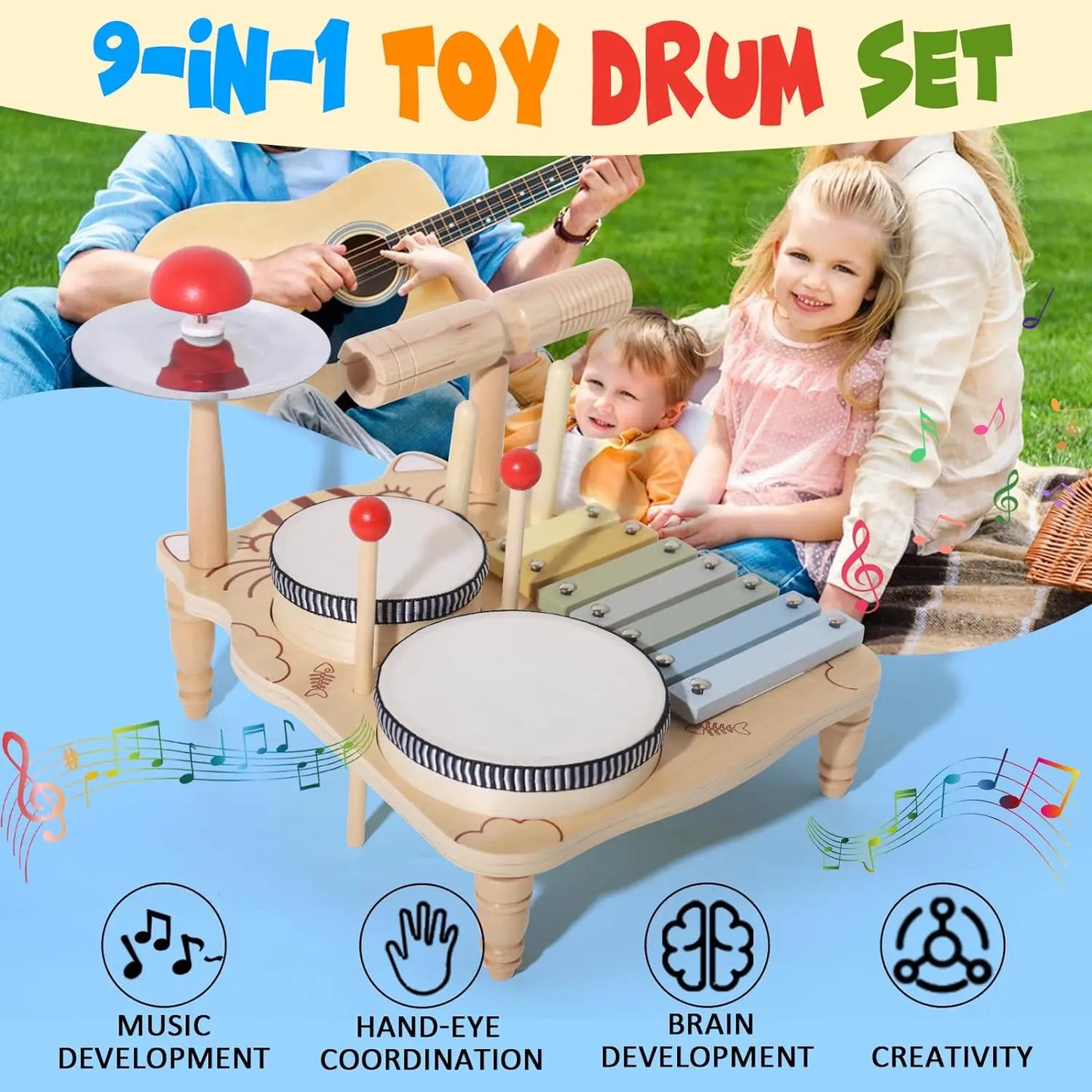 Wooden Xylophone Drum Set For Toddlers
