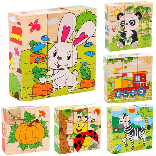 Baby Wooden Blocks Toys Children Six Side Cube Jigsaw Puzzle